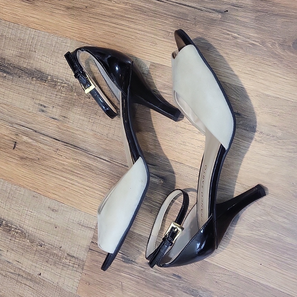 FRANCO SARTO Austin Black Tan Black Ankle Strap Peep Toe 3" Heel - Picture 7 of 12